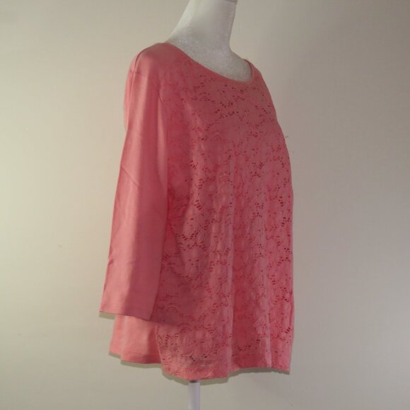Croft & Borrow Orange 3/4 Sleeve Pullover Top with Floral Overlay Size PXL C1221 - Picture 3 of 7